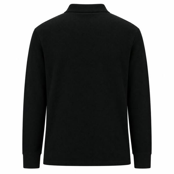 Back view of a black Fila long-sleeve polo shirt featuring a classic collar and ribbed cuffs in textured cotton fabric.