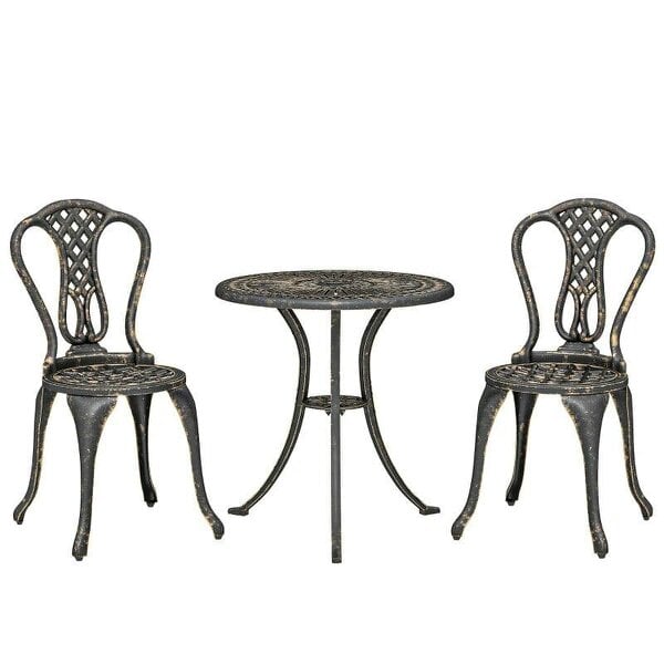 3 Piece Patio Cast Aluminium Bistro Set Garden Outdoor Furniture Table and Chairs Shabby Chic Style, Bronze Tone