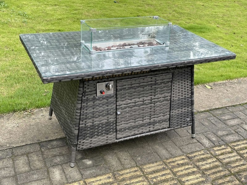 Fimous Rattan Garden Furniture Gas Fire Pit Rectangle Round Dining Table And Dining Chairs 6 Seater + Rectangular Table