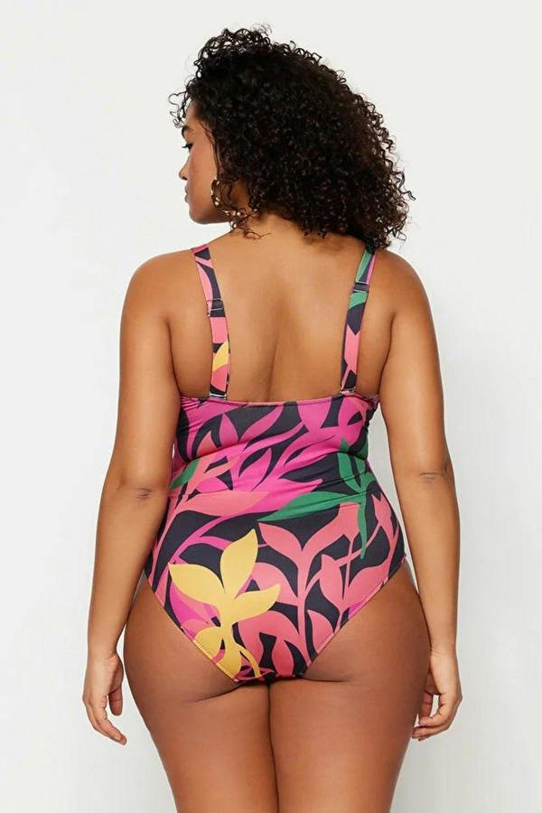 WOVCOR Deep V Cut Out Plus Size Swimsuit with Tie Detail and Floral Pattern