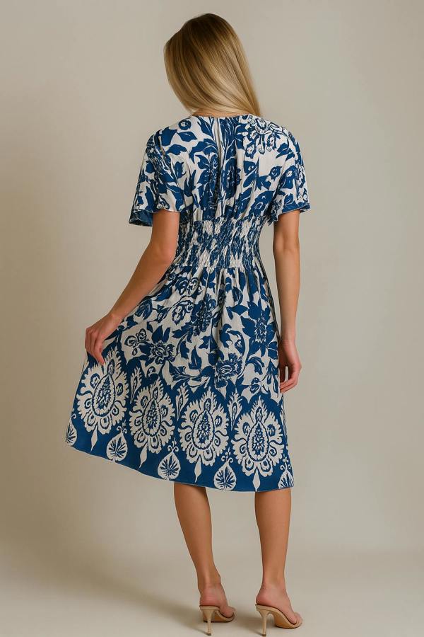 Hoxton Gal Oversized Floral V-Neck Boho Style Smocked Mini Dress