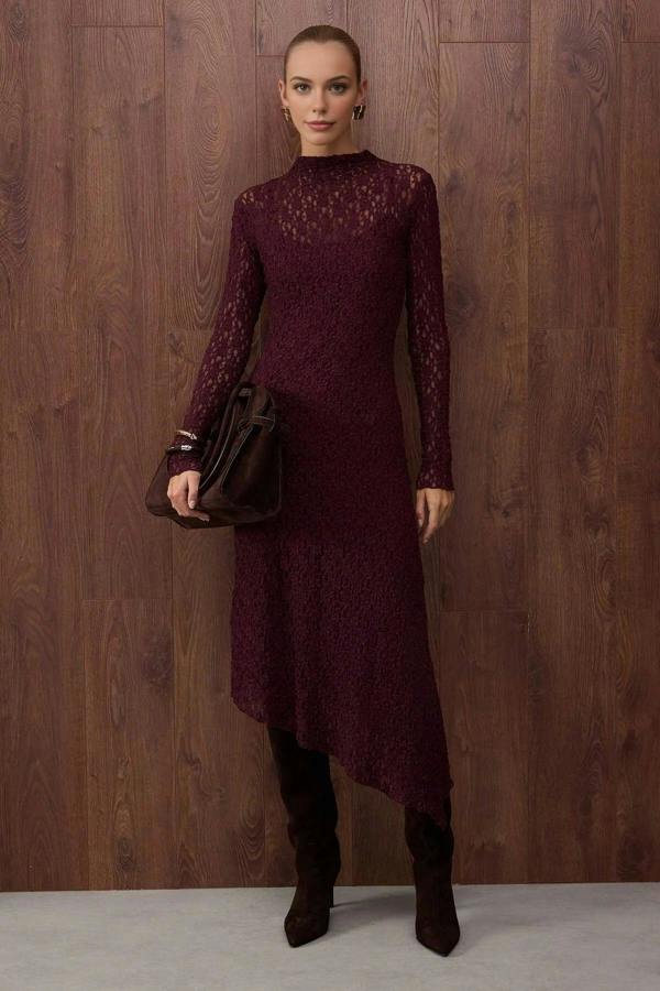 WOVCOR Asymmetrical Fit Maxi Knit Lace Dress