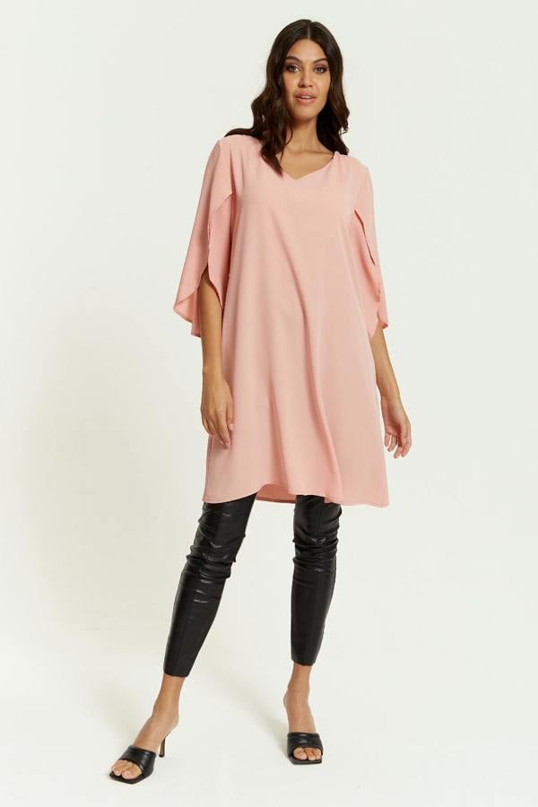 Hoxton Gal Oversized V Neck Tunic with Split Sleeves in Pink