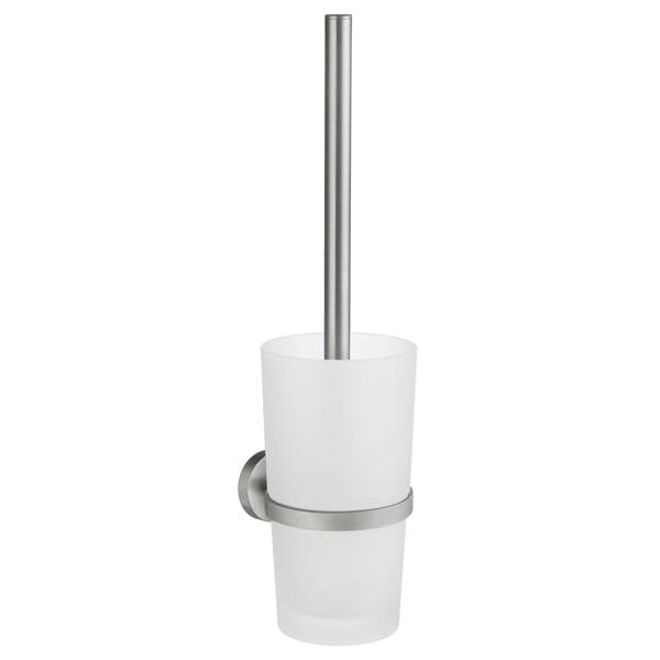 Brushed chrome toilet brush with frosted glass holder