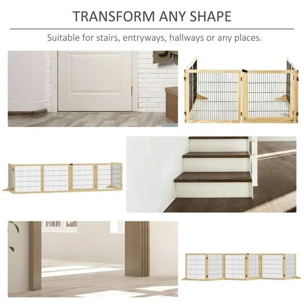 Foldable wooden pet gate with black wire mesh, shown transforming for different indoor spaces.