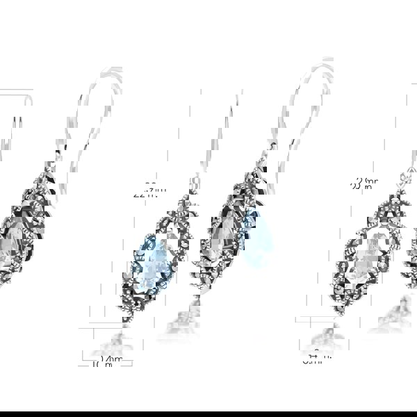 Gemondo Art Deco Style Pear Blue Topaz & Marcasite Drop Earrings in Sterling Silver