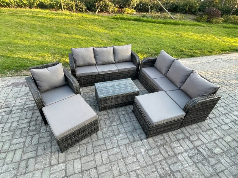 Fimous Wicker PE Rattan Garden Furniture Set 9 Seater Outdoor Lounge Sofa Set with Coffee Table 2 Big Footstool Dark Grey Mixed