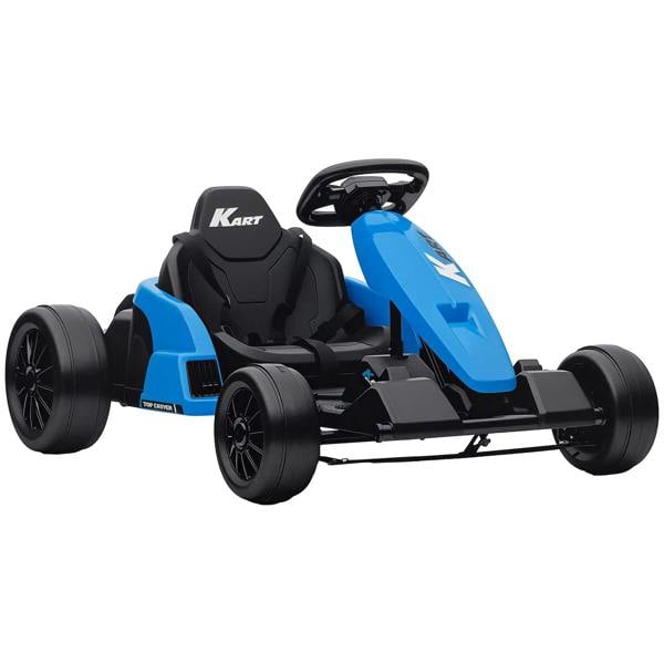 Blue electric drift go-kart with black seat, steering wheel, and four large tires