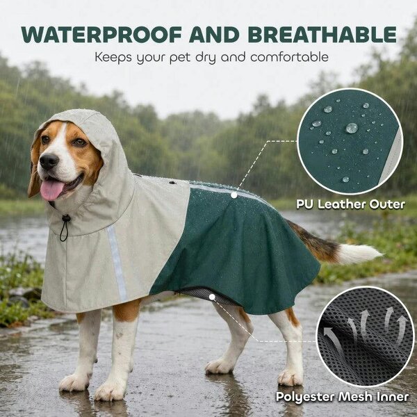 Dog Raincoat with Hood, Waterproof & Breathable Rain Jacket with Leash Hole, for Medium Dogs, Green, M