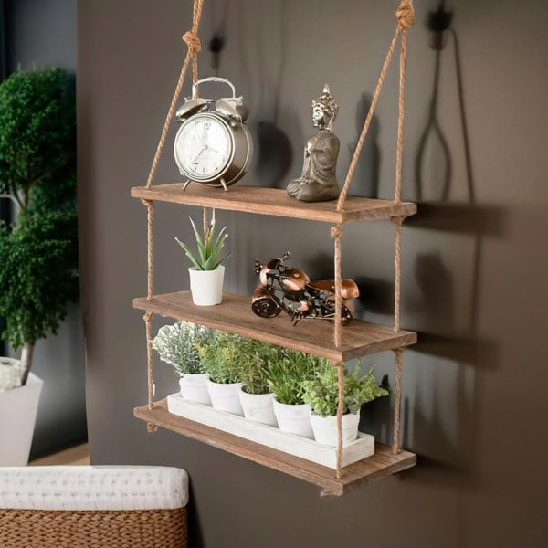 Rafaelo Mobilia 3 Tier Wooden Hanging Shelves With Rope Detail