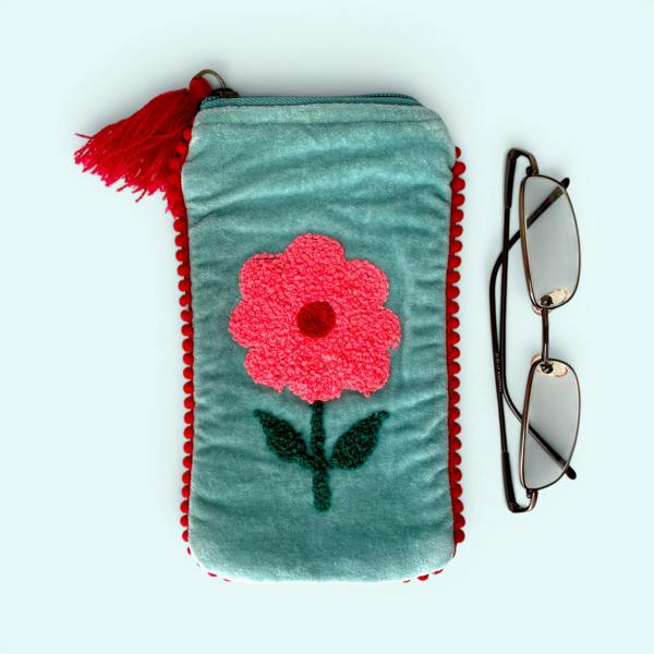 Hayley & Co Embroidered Velvet Glasses Case | Pale Blue flower