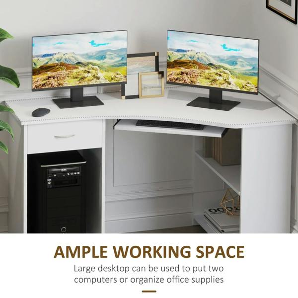White corner desk with keyboard tray and open side shelves for desktop setup
