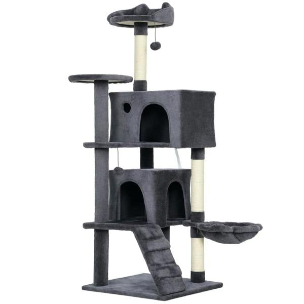 Dark grey plush cat tree tower with sisal posts, two enclosed houses, perches