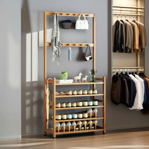 Rafaelo Mobilia Bamboo Clothes Rack With 12 Hooks & 5 Tier Shoe Storage