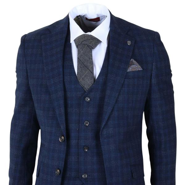 Infinity Leather Men's Navy Blue Plaid Check 3 Piece Suit Slim Fit Formal Suit