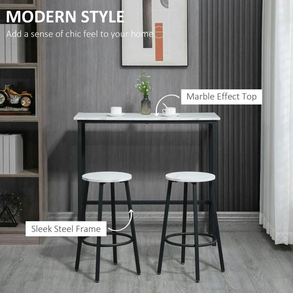 Bar table set featuring marble-effect top, sleek steel frame, and two round stools