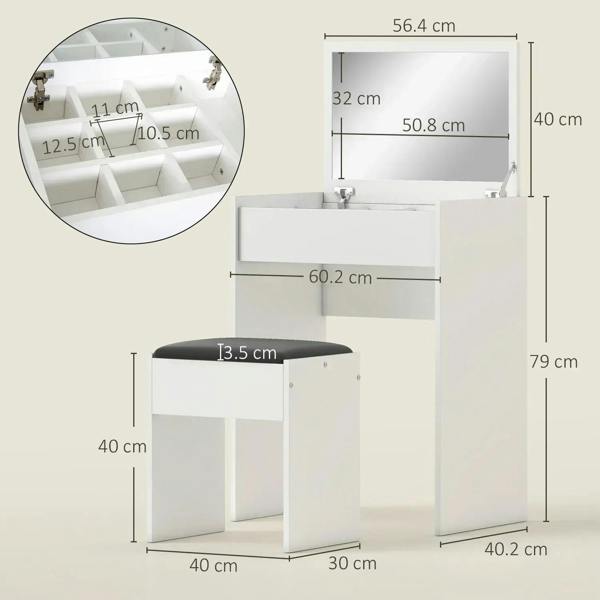 White vanity set with flip mirror and padded stool, with drawers and shelves