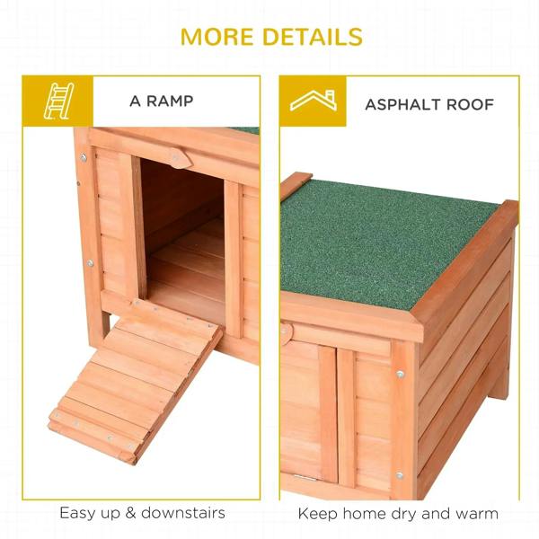 Wooden hutch with ramp and green asphalt roof panel, natural finish