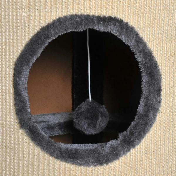 Close-up of oval dark plush cat cave inside beige sisal scratching barrel