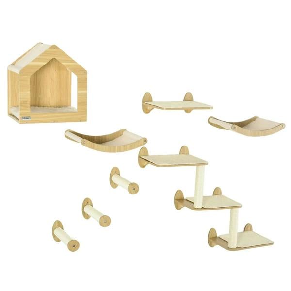 Beige wall-mounted cat furniture set with wooden house, curved perches, and scratching posts