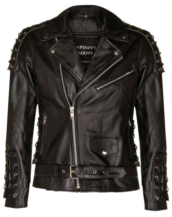 Infinity Leather Mens Embossed Brando Leather Biker Jacket-Chicago
