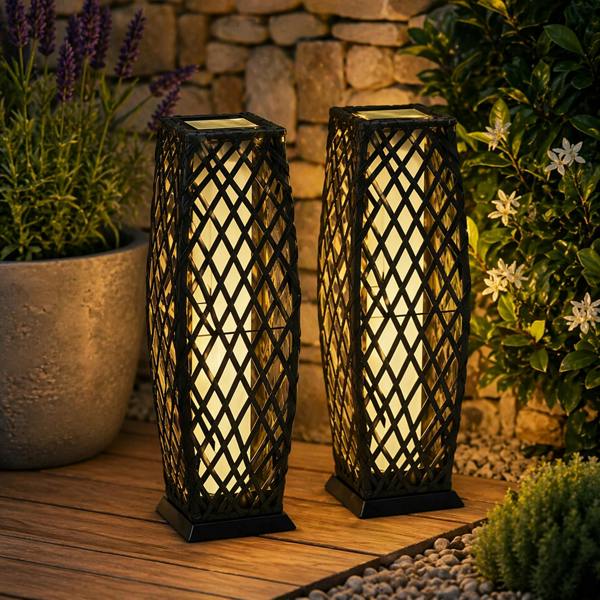 Gr8 Garden Set of 2 Solar Rattan Lantern Floor Lamps LED Garden Lights Charcoal