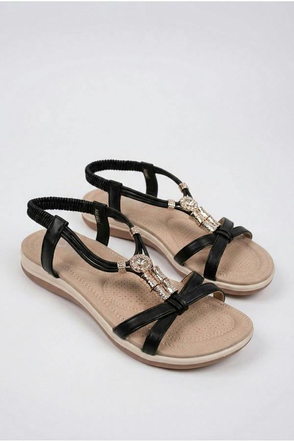 Saoirse Embellished Strappy Flat Sandals - Black