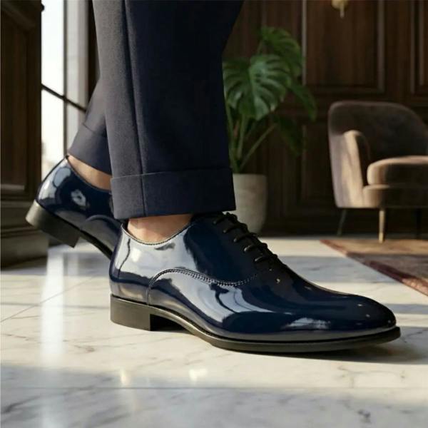Dolcetto Men's Formal Navy Blue Patent PU Leather Oxford Dress Brogue Shoes