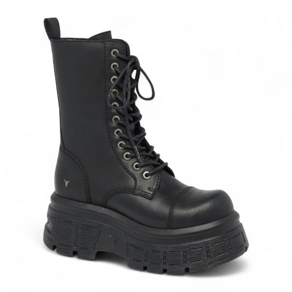 Windsorsmith Womens Black Mid-Calf Biker Leather Platform Combat Boots - Screaming