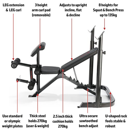 Marcy BE3000 weight bench with curl pad leg developer & squat rack