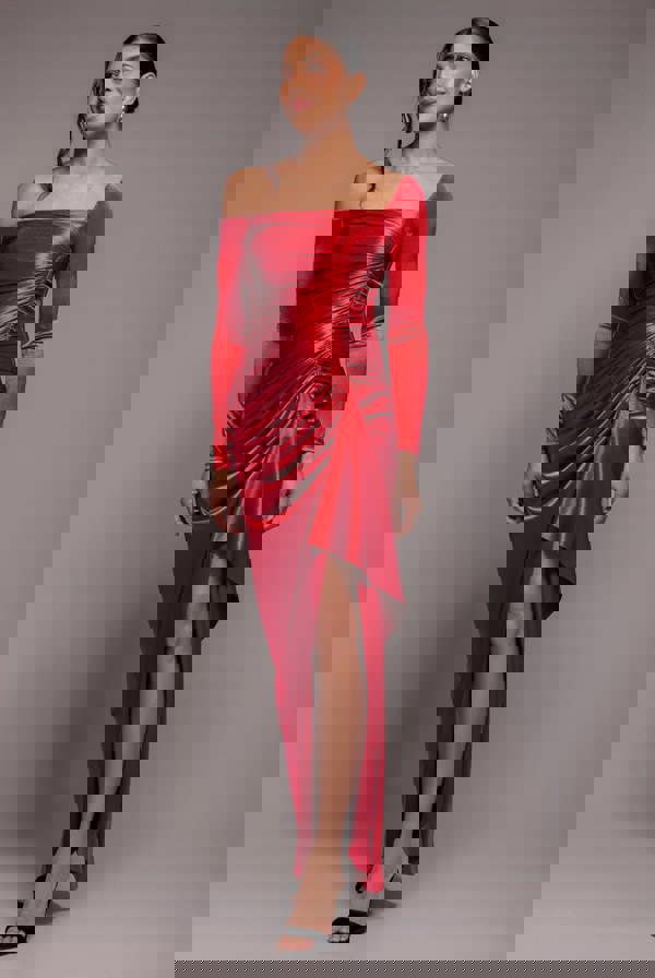 Slinky Satin One Shoulder Split Maxi Dress - Red DR4388