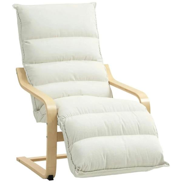 Cream white curved wooden accent chair with adjustable footrest and cushioned back