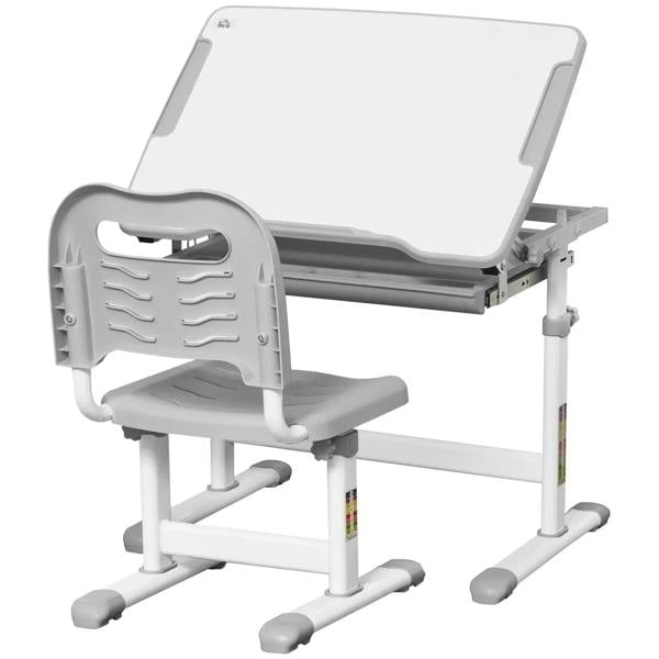 Kids adjustable writing desk and chair set with drawer, pen slot, and hook, light grey