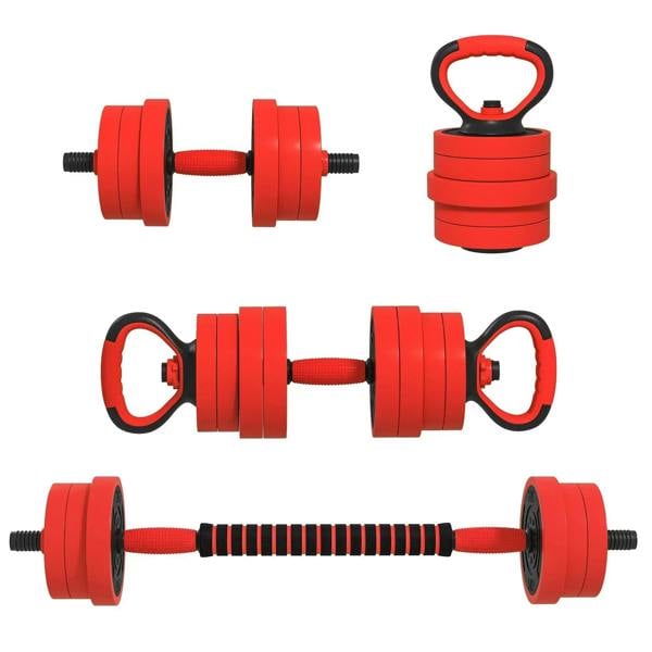 Red adjustable weight dumbbell set with barbell bar, kettlebell handle, stack plates