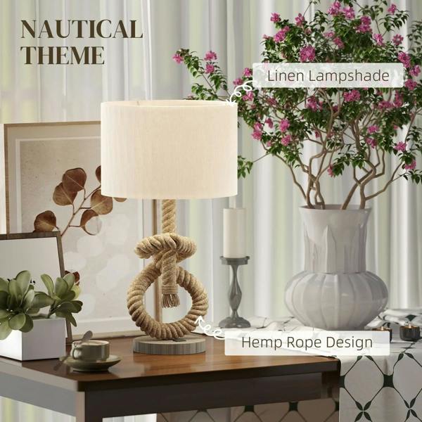 Hemp rope design LED table lamp with linen-style shade on a nightstand