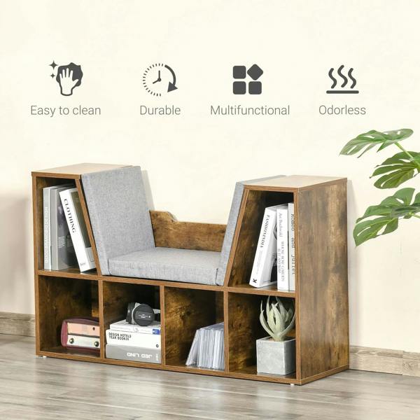 Cube bookshelf bench with gray back cushions and side cubbies, rustic brown with plants