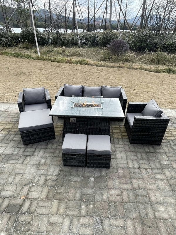 Fimous Outdoor PE Rattan Garden Furniture Gas Fire Pit Dining Table Armchairs With 3 Stools Dark Grey Mixed