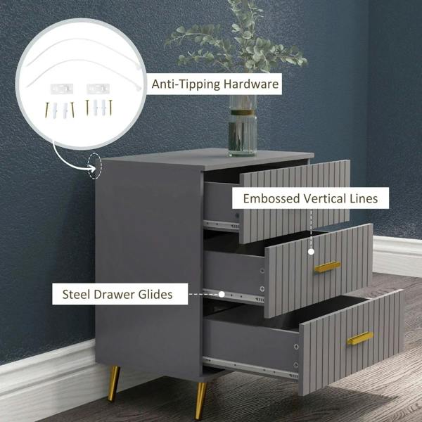 Open dark grey three-drawer dresser showing embossed vertical lines and gold-tone drawer pulls