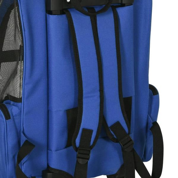 Blue pet carrier backpack with padded shoulder straps and reinforced back panel