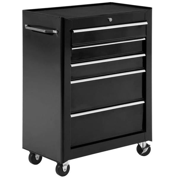 Black 5-drawer tool storage cabinet with lockable drawers and caster wheels