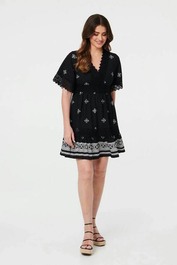 Black | Border Print Lace 1/2 Sleeve Short Dress : Model is 5'9"/175 cm and wears UK10/EU38/US6/AUS10