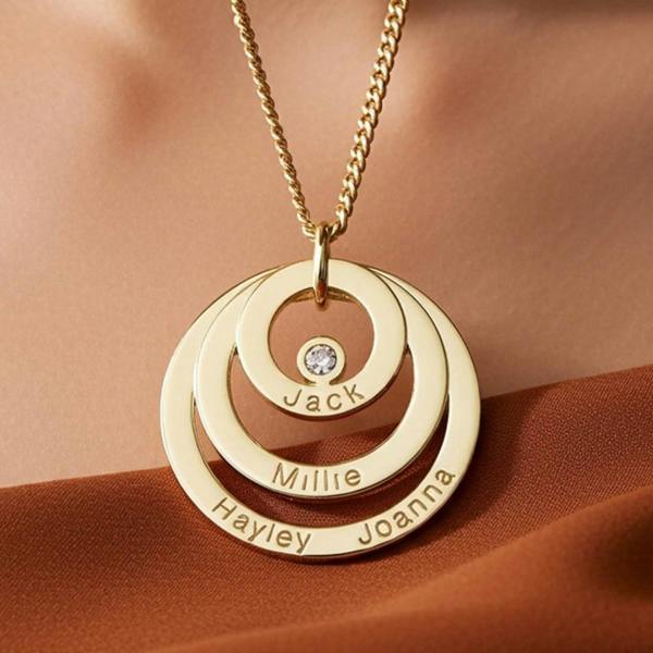 Christopher James of London 9ct Yellow Gold Plated Triple Disc Personalised Family Circle Necklace With Diamond or Crystal