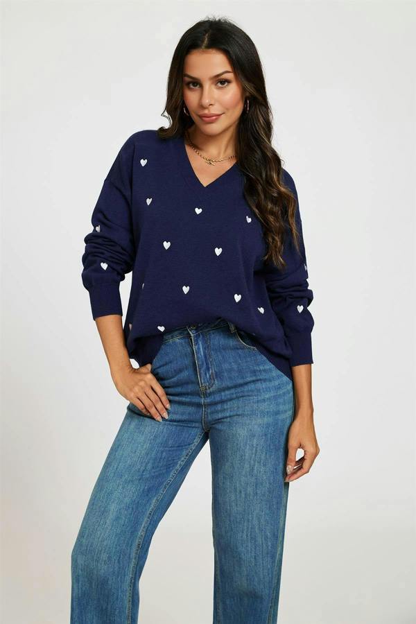 FS Collection Embroidery White Heart V Neck Jumper In Navy