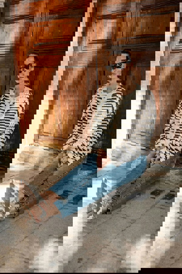 Gini London Cream Stripe Cable Knit Crop Cardigan