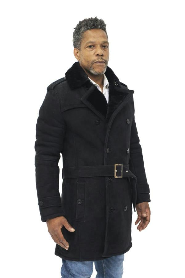 Infinity Leather Mens Shearling Sheepskin Suede Pea Coat-Cali