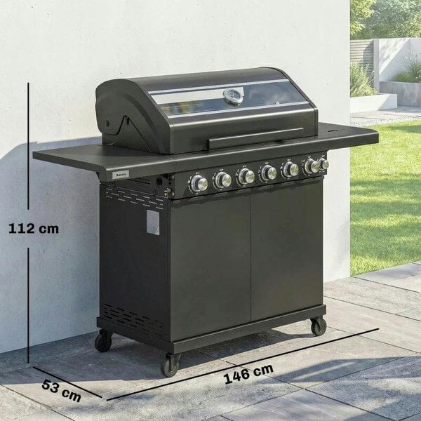 Bobobiy 6+1 Burner Gas BBQ Grill, Outdoor Barbecue Trolley with Wheels, Warming Rack, Thermometer, Bottle Opener, Black