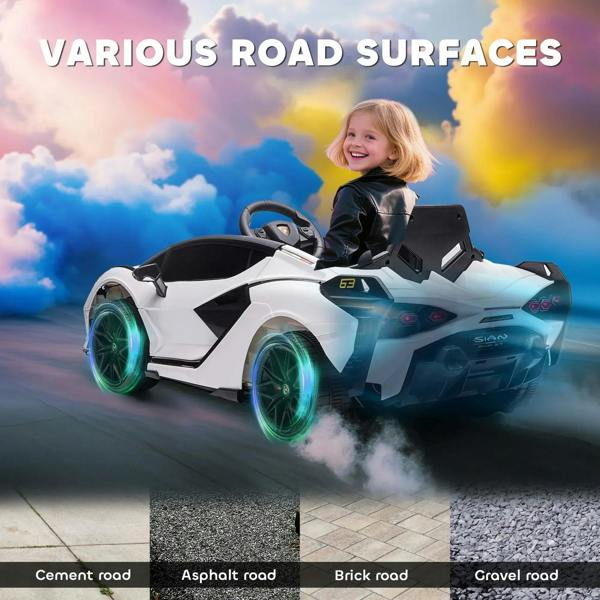 White and black kids electric ride-on car with glowing blue wheels in side view.