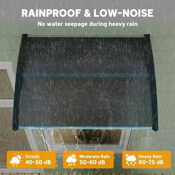 Black rain shelter canopy with dark cover panel over a doorway