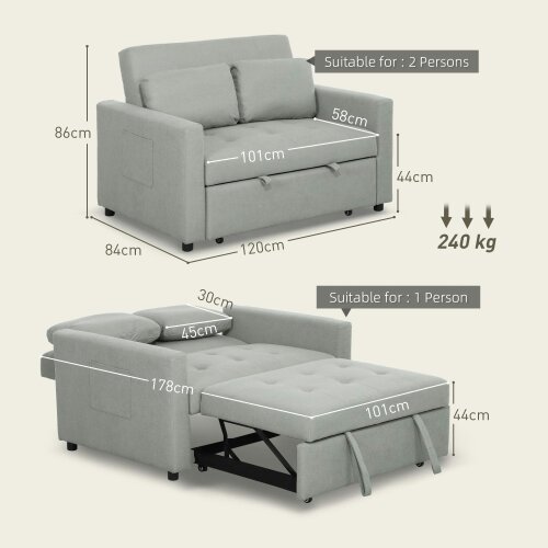 Wyld Haus Sedisa Fabric Light Grey 2 Seater Convertible Sofa Bed With Side Pockets And Cushions