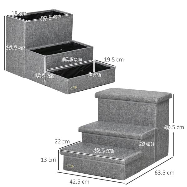 Grey 3-step pet stairs with open storage compartments and shown side measurements